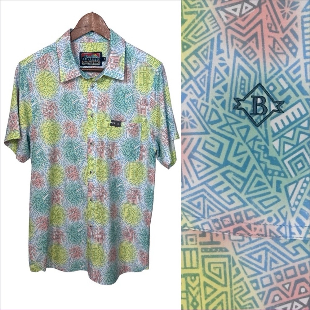 Burlebo Shirt Men Medium Multicolor Short Sleeve Button Up Aztec Southwestern
